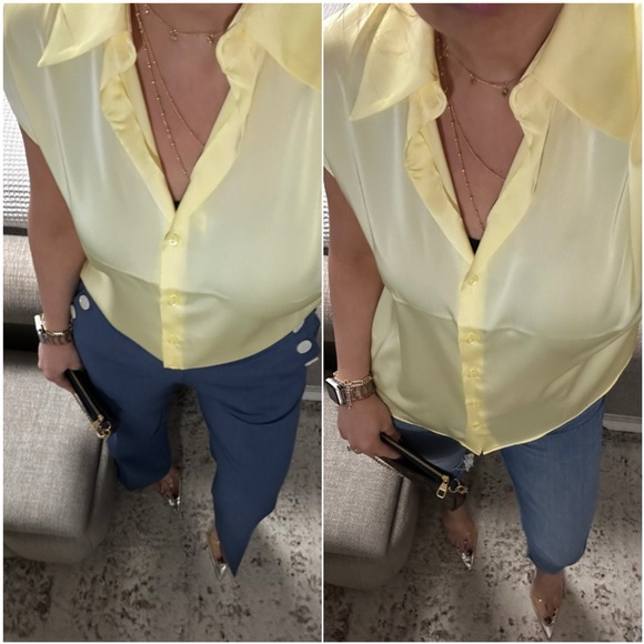New๐Elegant Yellow short sleeve button front blouse - Picture 3 of 8